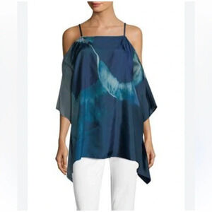 Lafayette 148 Anastasia Cold Shoulder Silk Top Glaze Blue M/L
